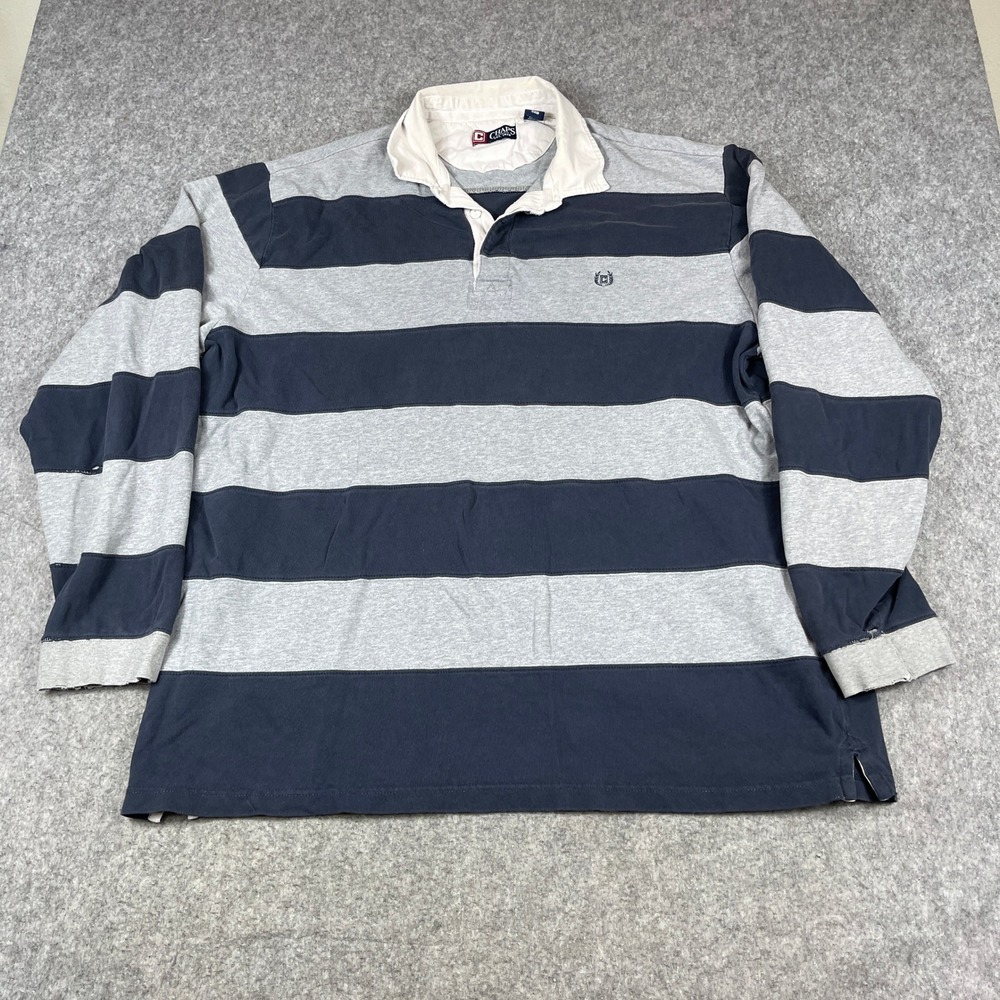 Chaps Mens 3XB Rugby Shirt Navy Blue Gray Striped Long Sleeve Cotton C26302